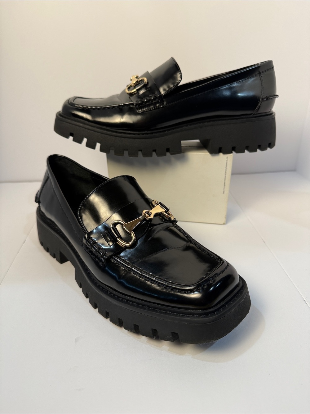Open Edit Black Leather Lug-Sole Loafers with Gold Bit Hardware